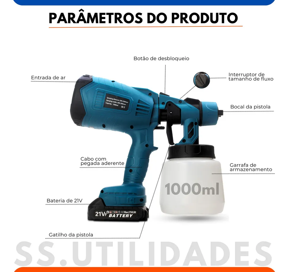 Pulverizadora Eletrica De Pintura Sem Fio 200w 1000ml Portátil 2 Baterias Profissional