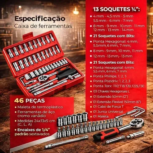 Kit Chave Catraca 46 Peças com Soquetes e Chaves Allen Profissional